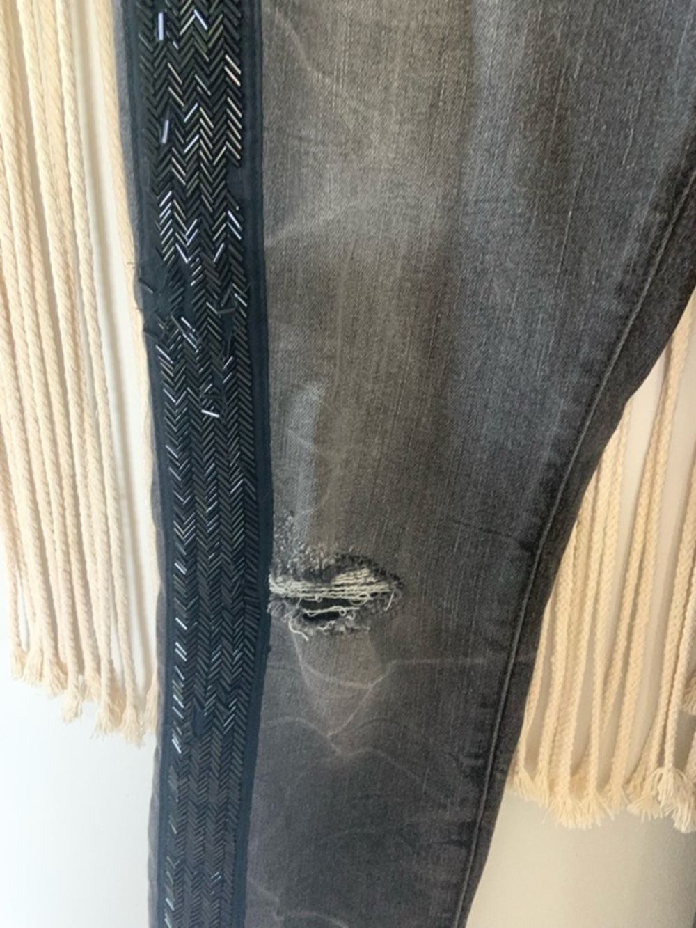 FREE PEOPLE Summer Solstice Tuxedo Distressed Washed Black Beaded Jeans 29 - Picture 14 of 15